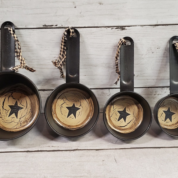 Primitive Crackle Tan with Black Star Star Decorative Metal Measuring Cups  Country Decor
