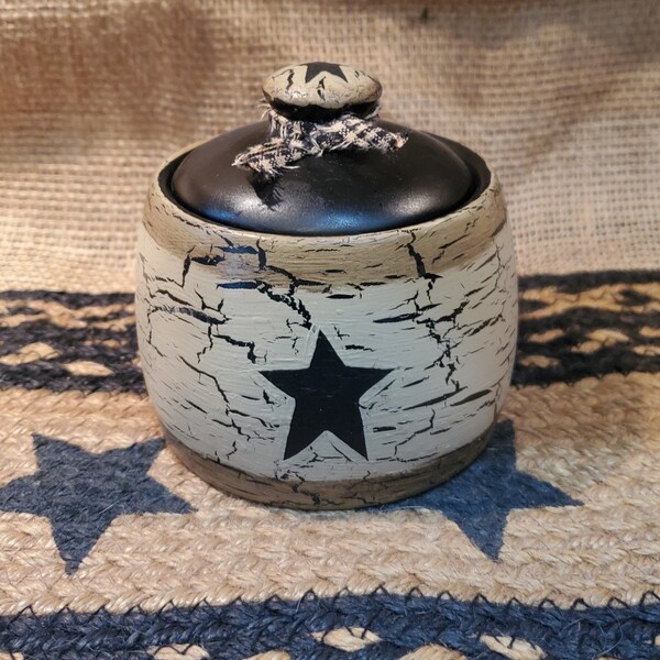 Primitive Hand Painted Crackle Tan with Prim Star Sugar Bowl, your choice of color  Country Kitchen