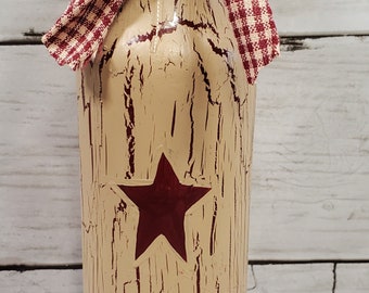 Primitive Crackle Painted Tan with Burgundy Star Glass Bottle Vase  Country Farm Decor