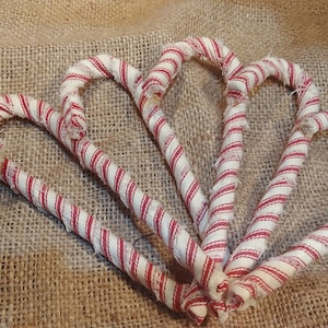 Primitive Christmas Red Ticking Wrapped Candy Cane Ornament Set of 6