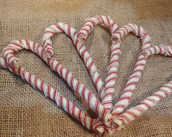 Primitive Christmas Red Ticking Wrapped Candy Cane Ornament Set of 6