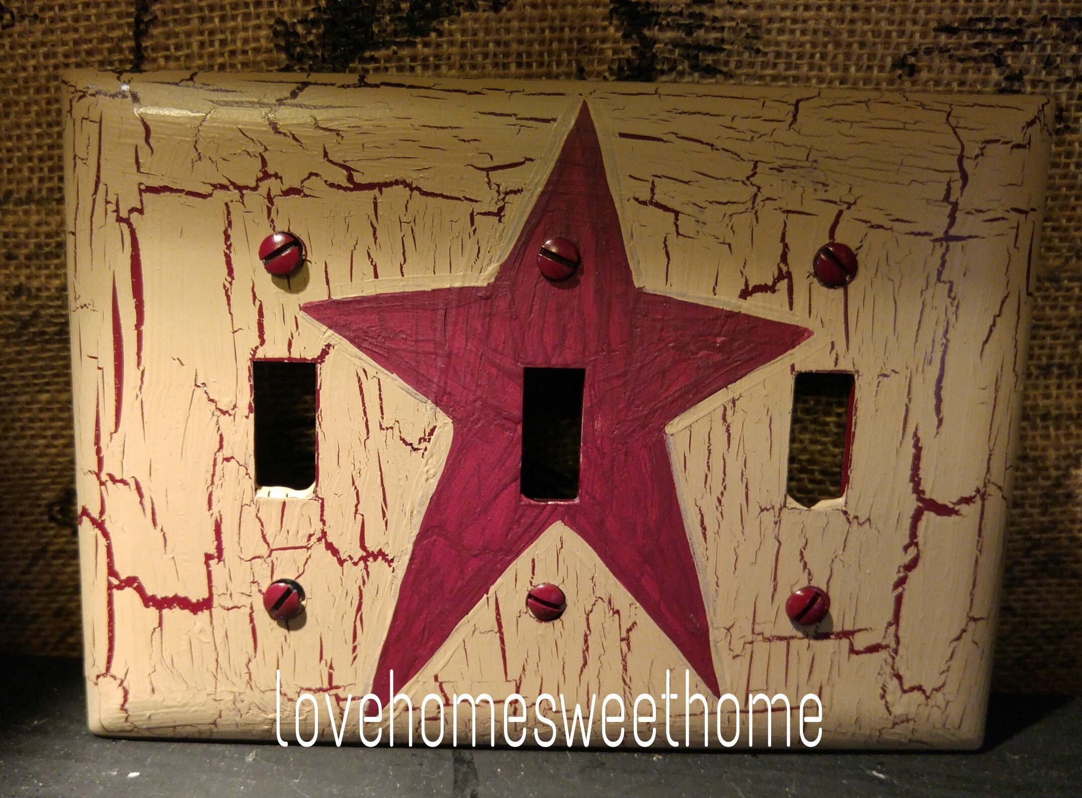 Primitive Crackle Tan & Burgundy Star Outlet Plate ~ Country Decor 