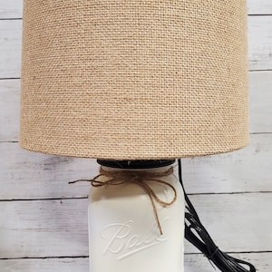 Mason Jar Lamp Heirloom White with Burlap Shade Farmhouse, Country, Shabby Chic