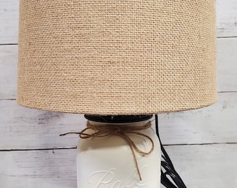 Mason Jar Lamp Heirloom White with Burlap Shade Farmhouse, Country, Shabby Chic