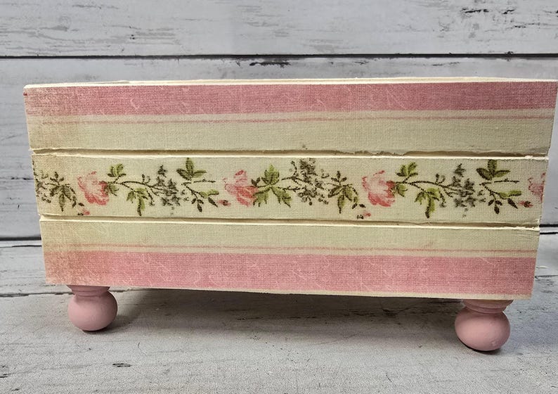 Shabby Chic Wood Box Crate Footed Pink Floral Tiered Tray Decor Shelf ...