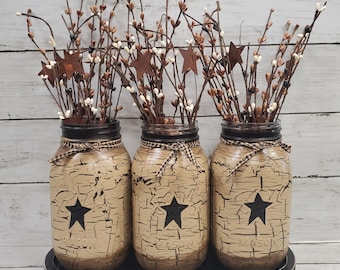 Primitive Mason Jars, Wood Tray and Pip Berries Crackle Painted with Stars in Choice of 30 Colors