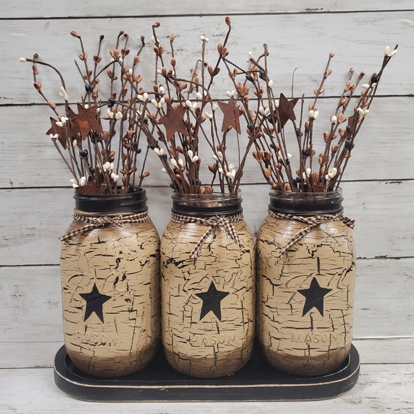 Primitive Mason Jars, Wood Tray and Pip Berries Crackle Painted in Choice with Black Stars