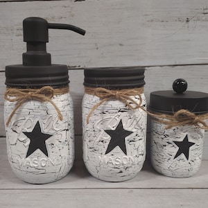 Farmhouse Mason Jar 3pc Bathroom Set Crackle Painted White with Black Stars or Choice of Colors Soap DispenserToothbrush Holder Swab Holder