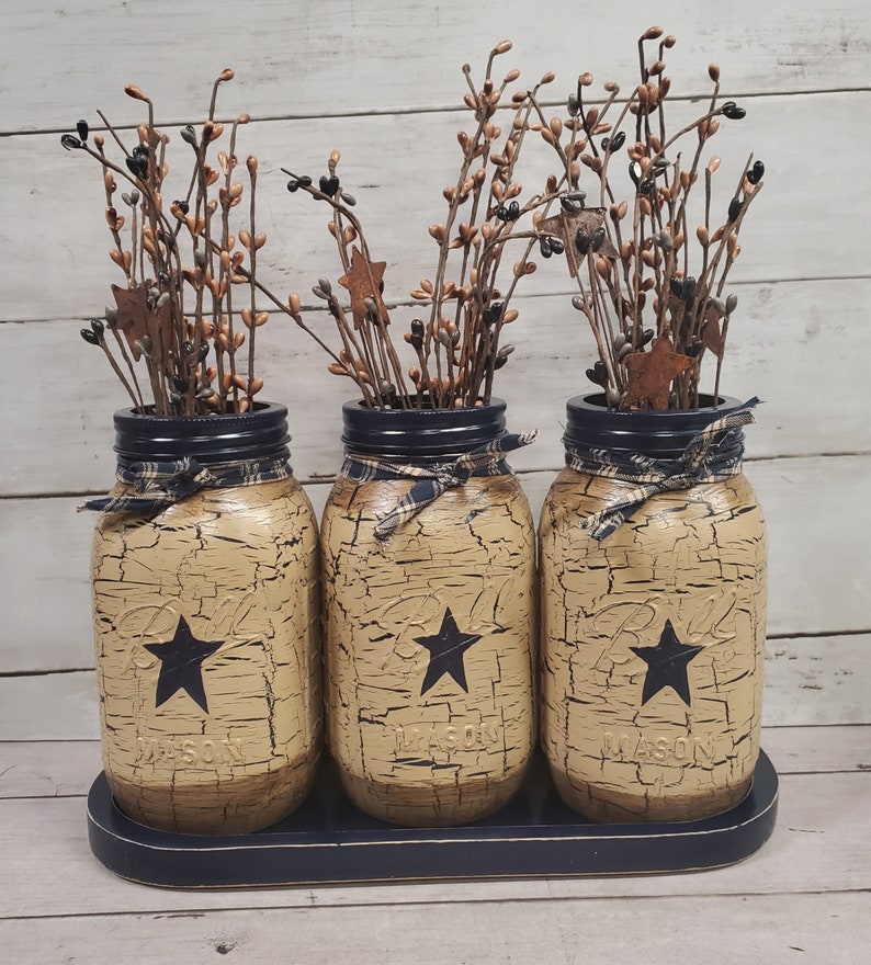 Primitive Crackle Painted 3 Mason Jars & Wood Distressed Tray Etsy