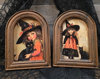 Halloween Girl with Black Cat Prints in Cinnamon Arched Frame|Spooky |Shelf Sitter| Tiered Tray