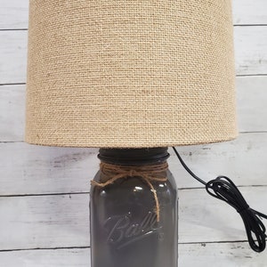 Mason Jar Lamp Charcoal Gray with Burlap Shade Neutral Modern Farmhouse