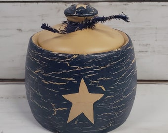 Farmhouse Sugar Bowl and Lid Crackle Painted Navy with Tan Stars or choice Country Kitchen