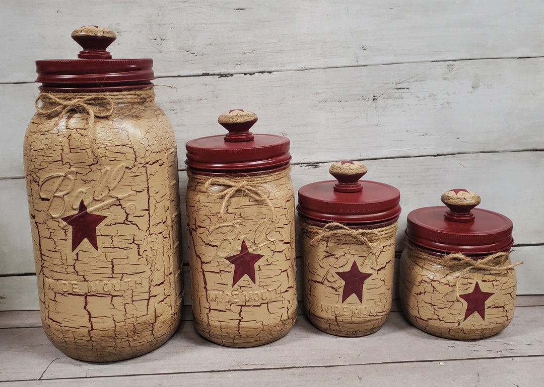 Mason Jar Kitchen Canisters Crackle Painted Tan W/burgundy Stars Set of