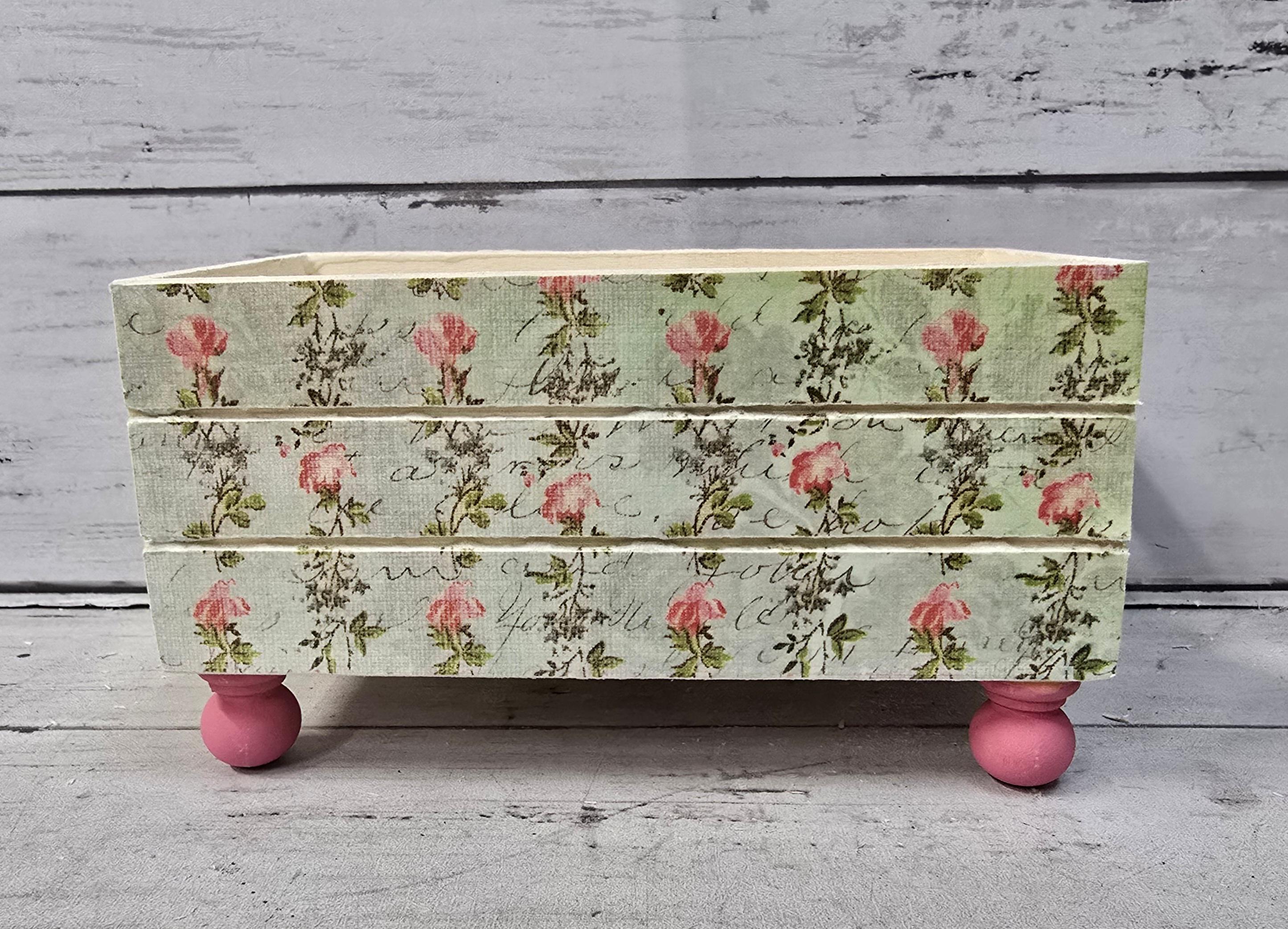 Shabby Chic Wood Box Crate Footed Pink Floral Tiered Tray Decor Shelf ...