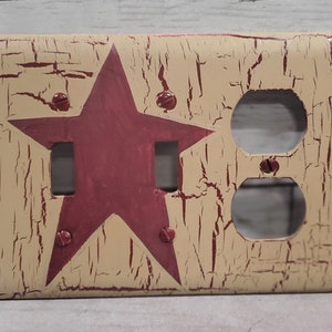 Primitive Crackle Tan with Burgundy Stars Combo Plate Double Switch /Outlet Hand Painted