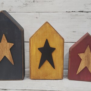 Primitive Star Wood Houses Tray Decor Burgundy, Mustard, Navy Choice Size, Farmhouse Rustic