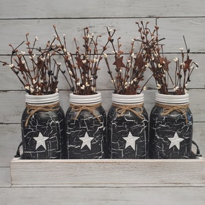 Primitive Crackle Painted with White Star Mason Jars and Wood Distressed Tray Set with Stars and Pip Berries