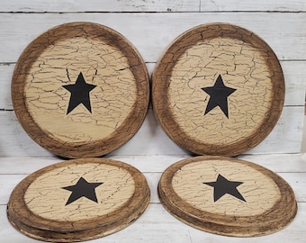 Primitive Stover Burner Cover Set of 4 Crackle Painted Tan with Black Star