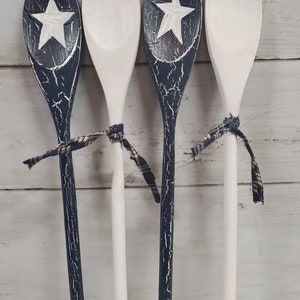 Primitive Wood Spoon Set Crackle Painted Midnight Blue with White Stars