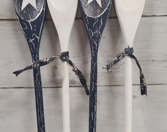 Primitive Wood Spoon Set Crackle Painted Midnight Blue with White Stars