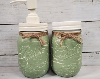 Farmhouse Crackle Painted Antique White/Choice of Color Mason Jar 2pc Bathroom Set  Beach, Country, Primitive