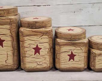 Primitive Crackle Tan with Burgundy Stars Glass Canister Set of 4  Hand Painted  Country Decor