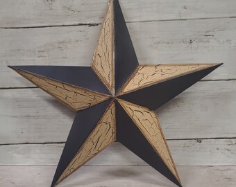Primitive Metal Barn Star Crackle Painted Tan and Navy or Choice of Colors Hanging Wall Decor Farmhouse Country Rustic