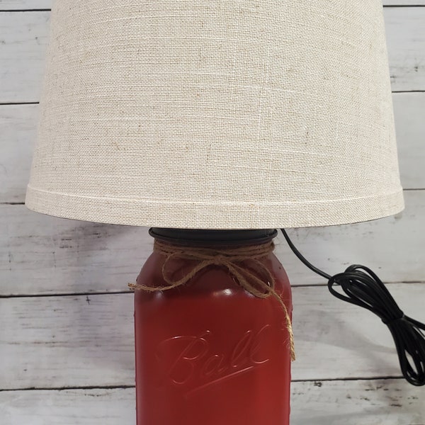 Mason Jar Lamp Colonial Red with Linen Shade Country Farmhouse
