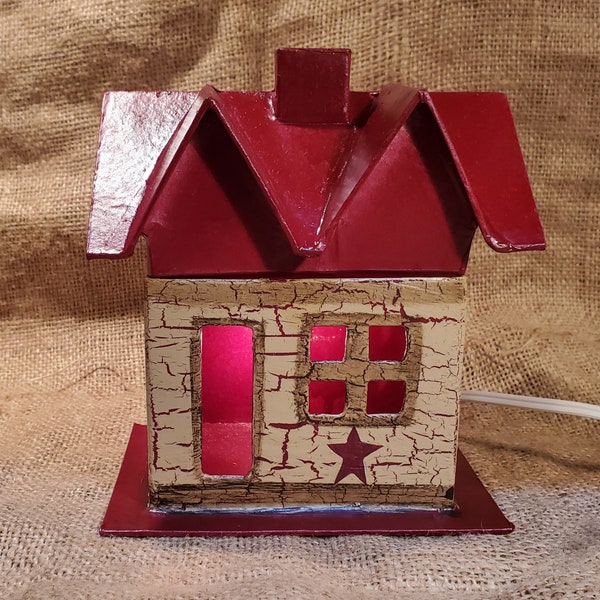 Primitive Crackle Tan and Burgundy Star Small Lighted Paper Mache Saltbox House NEW! more colors available