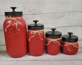 Mason Jar Kitchen Canister Set of 4 Colonial Red