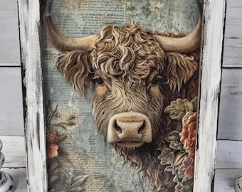 May include: A framed print featuring a detailed illustration of a Highland cow. The cow has long, shaggy brown fur, large horns, and is set against a backdrop of vintage floral and script elements. The frame is white with a distressed finish.