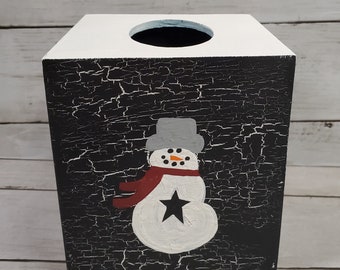 Primitive Crackle Painted Christmas Snowman Wood Tissue Box Cover Your choice of 4 colors