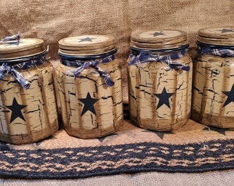 Primitive Crackle Tan & Navy Blue Star Salt & Pepper Set  Glass Country Decor 