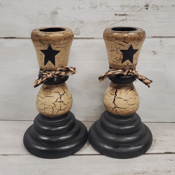 Primitive Crackle Tan and Black Star 4" Wood Candlesticks Taper Candle Holder, your choice of colorFarmhouse Decor
