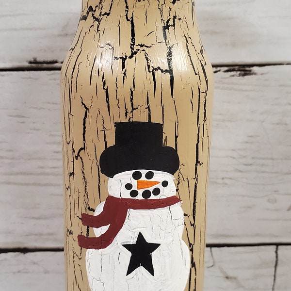 Primitive Crackle Painted Tan Christmas Snowman Glass Bottle Vase  Country Farm Decor