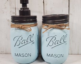 Farmhouse Mason Jar 2pc Bathroom Set, Soap Dispenser/ Toothbrush Holder, Chalk Painted Choice of color, Bronze, Black or Nickel Top