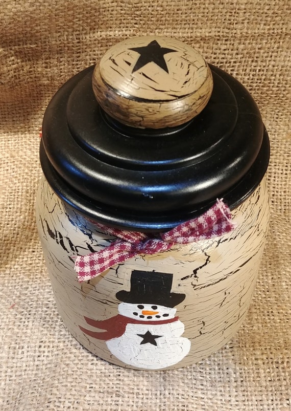 Primitive Crackle Tan Snowman Canister Candy Jar Black Stars Christmas Winter