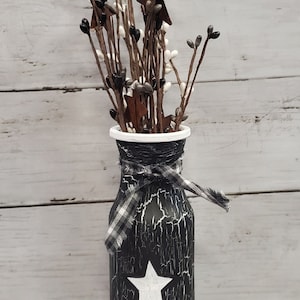 Bottle Vase w/ Pip Berry Sprays Crackle Painted Black w/White Stars Farmhouse Primitive