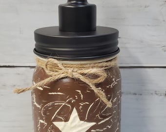 Country Mason Jar Soap Dispenser Crackle Painted Coffee Brown with Cream Star Choice Top
