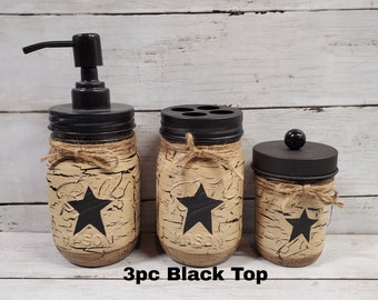 Primitive Crackle Painted Star Mason 3pc Bathroom Set, Choice Color