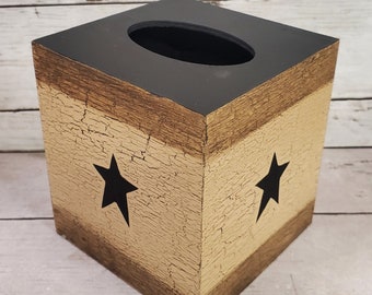 Primitive Crackle Painted with Stars Wood Tissue Box Cover Your choice of 22 colors