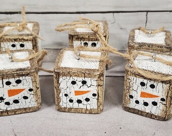 Primitive Crackle Tan Snowman Wood Block Country Christmas Ornaments Set of 6