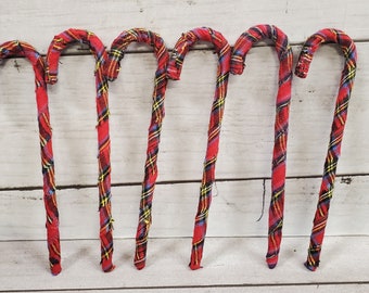 Primitive Homespun Fabric Wrapped Candy Canes Set of 6 Red Christmas Plaid Country Christmas