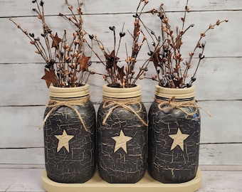 Rustic Mason Jar Set Wood Tray Pip Berries Crackle Painted Black with Tan Stars Primitive Farmhouse Mason Jars