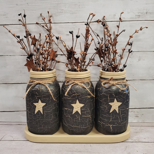 Rustic Mason Jar Set Wood Tray Pip Berries Crackle Painted Black with Tan Stars Primitive Farmhouse Mason Jars