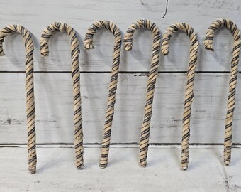 Primitive Homespun Fabric Wrapped Candy Canes Set of 6 Tea Stained Navy Stripe Rustic Christmas