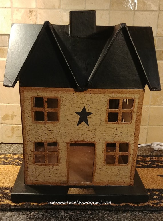 Primitive Wooden Tan Saltbox House Electric Lighted Country Farmhouse Decor