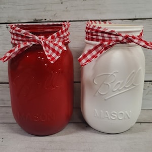 Mason Jar w/ Buffalo Check Red/White Set of 2 Jars/ Christmas, Wedding, Party