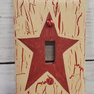 Primitive Crackle Tan with Barn Red Stars Single Switch Plate Hand Painted image 1