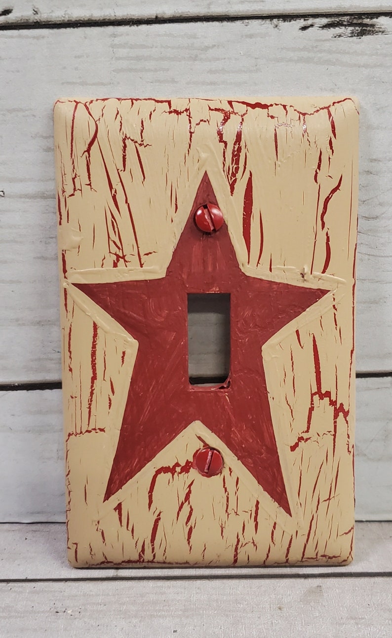 Primitive Crackle Tan with Barn Red Stars Single Switch Plate Hand Painted image 1